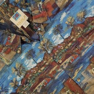 Kahala Hawaiian Shirt Mens XL Brown Blue Avi Collection Tropical Palm Print